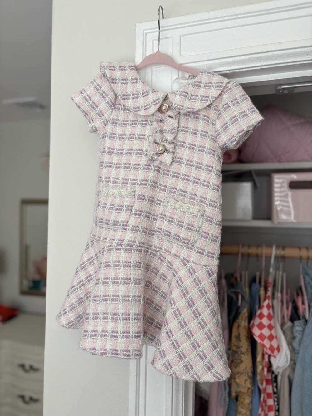 Blueberi Boulevard Pink Plaid Tweed Dress with Pearl Buttons